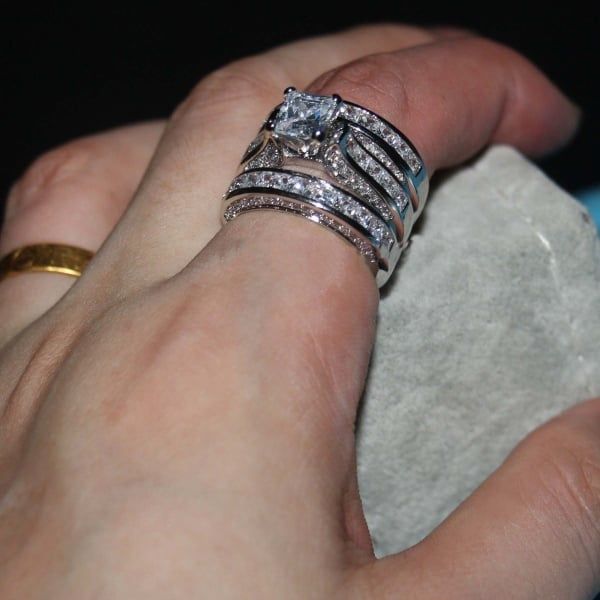 Zircon Three-piece Sparkly Rings for Princess Women Men Wedding Engagement Silver Plated Finger Ring Set Jewelry