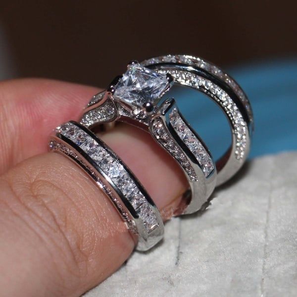 Zircon Three-piece Sparkly Rings for Princess Women Men Wedding Engagement Silver Plated Finger Ring Set Jewelry