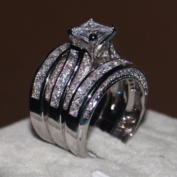 Zircon Three-piece Sparkly Rings for Princess Women Men Wedding Engagement Silver Plated Finger Ring Set Jewelry