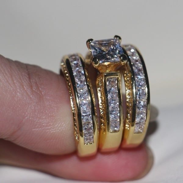Zircon Three-piece Sparkly Rings for Princess Women Men Wedding Engagement Silver Plated Finger Ring Set Jewelry