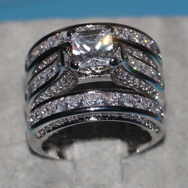 Zircon Three-piece Sparkly Rings for Princess Women Men Wedding Engagement Silver Plated Finger Ring Set Jewelry