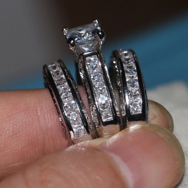 Zircon Three-piece Sparkly Rings for Princess Women Men Wedding Engagement Silver Plated Finger Ring Set Jewelry
