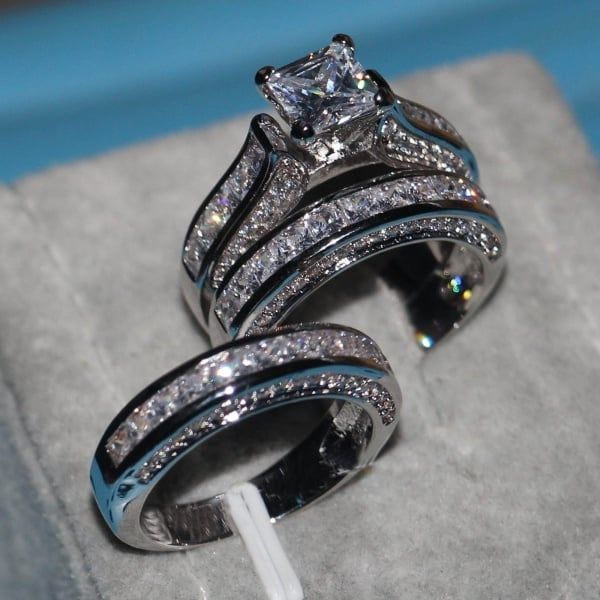 Zircon Three-piece Sparkly Rings for Princess Women Men Wedding Engagement Silver Plated Finger Ring Set Jewelry