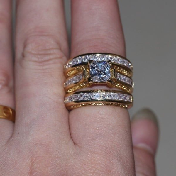 Zircon Three-piece Sparkly Rings for Princess Women Men Wedding Engagement Silver Plated Finger Ring Set Jewelry