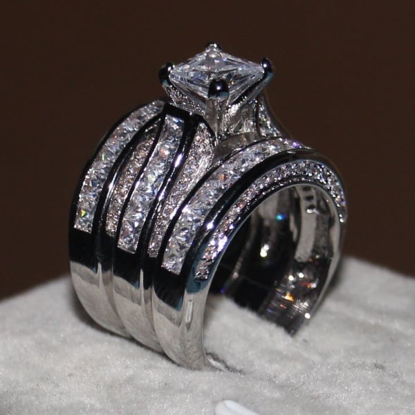 Zircon Three-piece Sparkly Rings for Princess Women Men Wedding Engagement Silver Plated Finger Ring Set Jewelry
