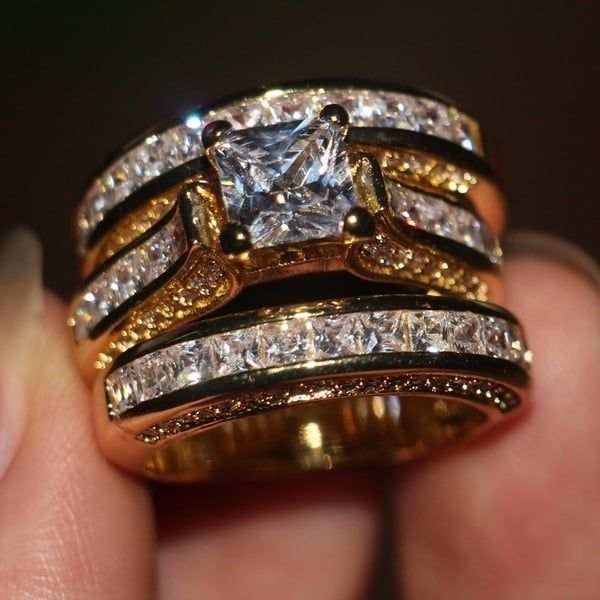 Zircon Three-piece Sparkly Rings for Princess Women Men Wedding Engagement Silver Plated Finger Ring Set Jewelry