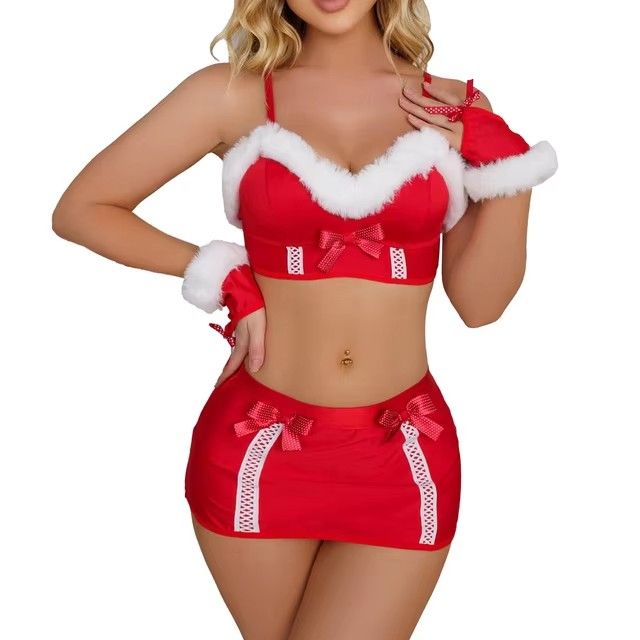 Christmas Carnival New Year Red Sexy Lingerie Two-piece Fur Sexy Pajamas Tease and Seduction Bundle Set