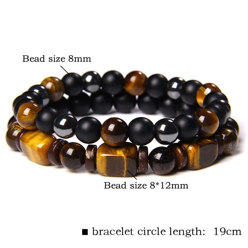 2pcs/set Beaded Bracelet Natural Stone Tiger Eye Hematite Beads Bracelet Men Energy Elastic Rope Bracelet Jewelry Couples Gifts