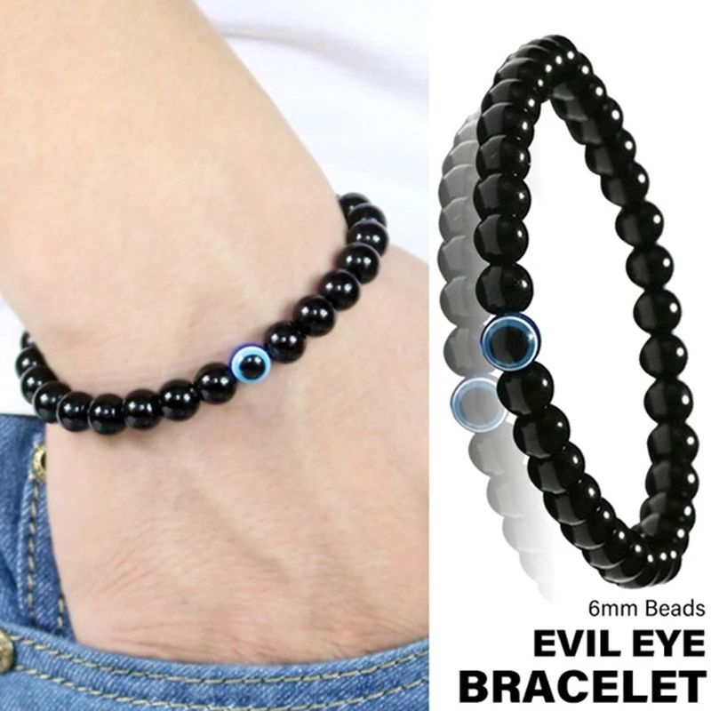 2Pcs Turkish Evil Eyes Bracelet Black Natural Stone Beads Obsidian Men Braslet for Women Men Yoga Hand Jewelry Accessories