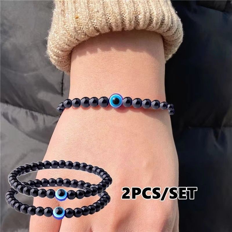 2Pcs Turkish Evil Eyes Bracelet Black Natural Stone Beads Obsidian Men Braslet for Women Men Yoga Hand Jewelry Accessories