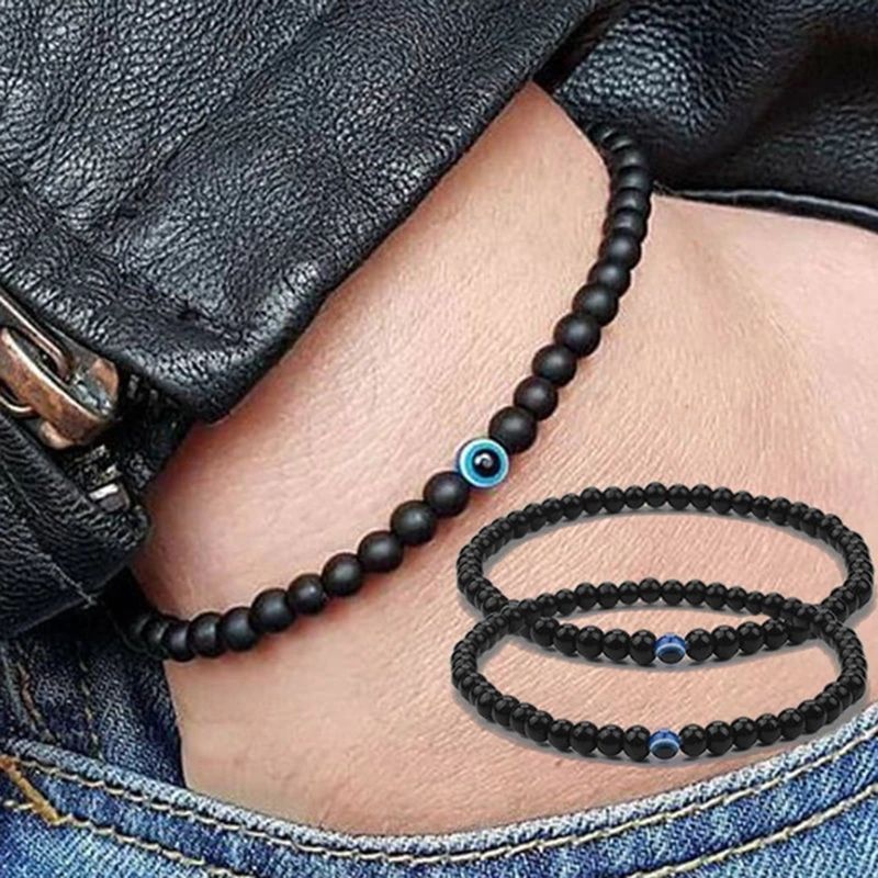 2Pcs Turkish Evil Eyes Bracelet Black Natural Stone Beads Obsidian Men Braslet for Women Men Yoga Hand Jewelry Accessories
