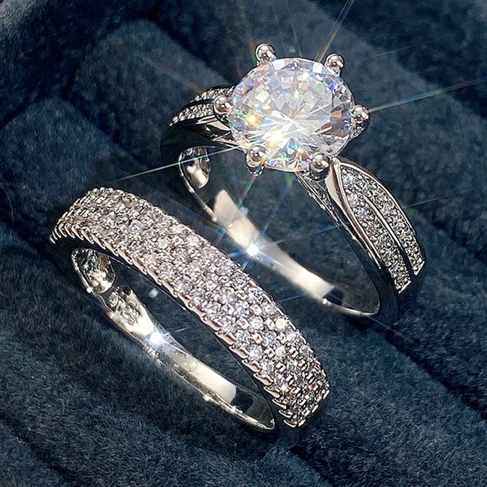 2 pcs/set Temperament Crystal Cubic Zirconia Rings Set for Women Party Wedding Engagement Jewelry Accessories