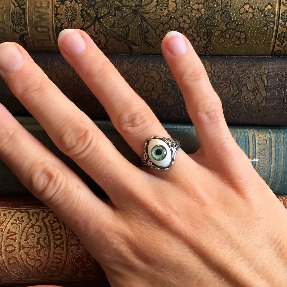 Big Blue Evil Eye Skull Claw Rings for Men Women Vintage Antique Silver Plated Gothic Punk Rock Grunge Finger Jewelry