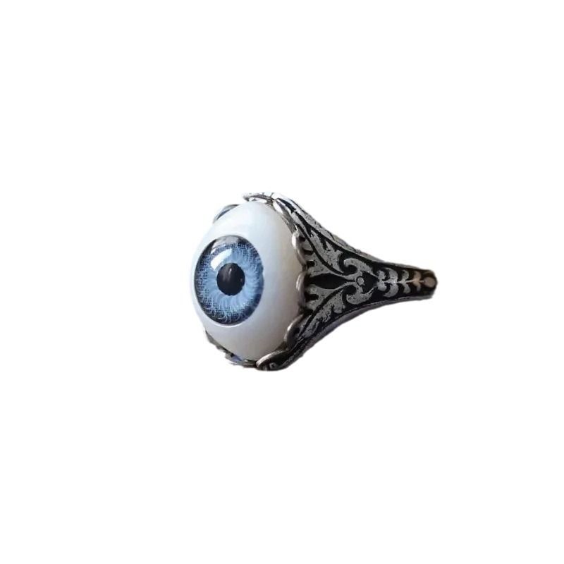 Big Blue Evil Eye Skull Claw Rings for Men Women Vintage Antique Silver Plated Gothic Punk Rock Grunge Finger Jewelry