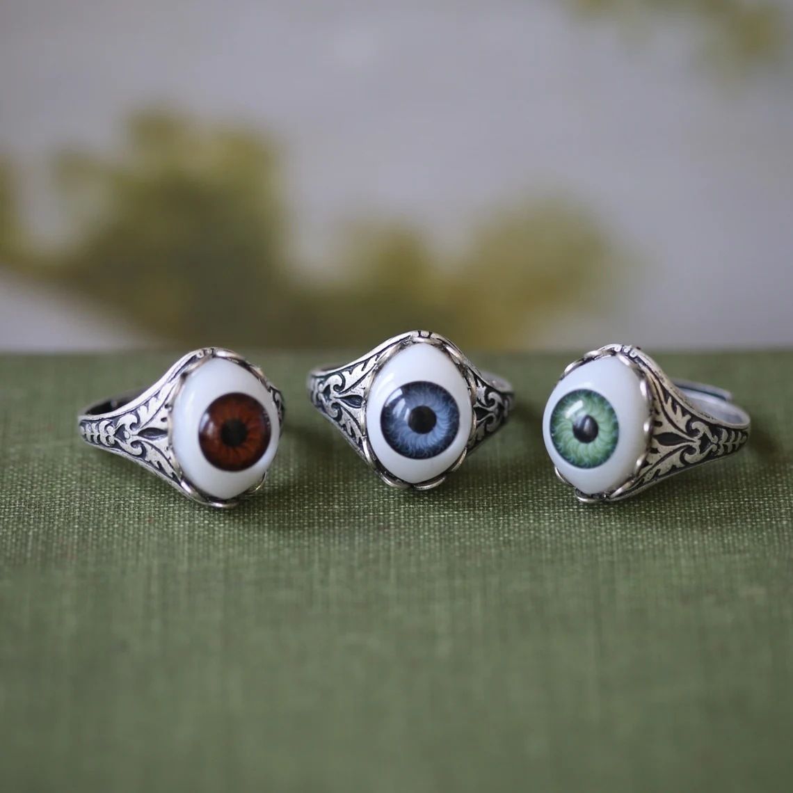 Big Blue Evil Eye Skull Claw Rings for Men Women Vintage Antique Silver Plated Gothic Punk Rock Grunge Finger Jewelry