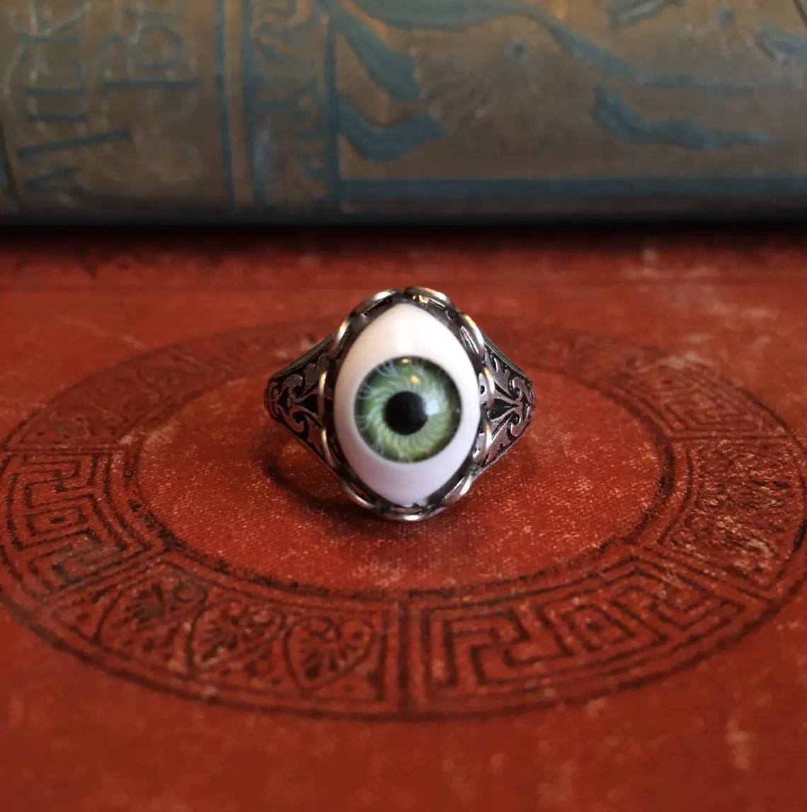 Big Blue Evil Eye Skull Claw Rings for Men Women Vintage Antique Silver Plated Gothic Punk Rock Grunge Finger Jewelry