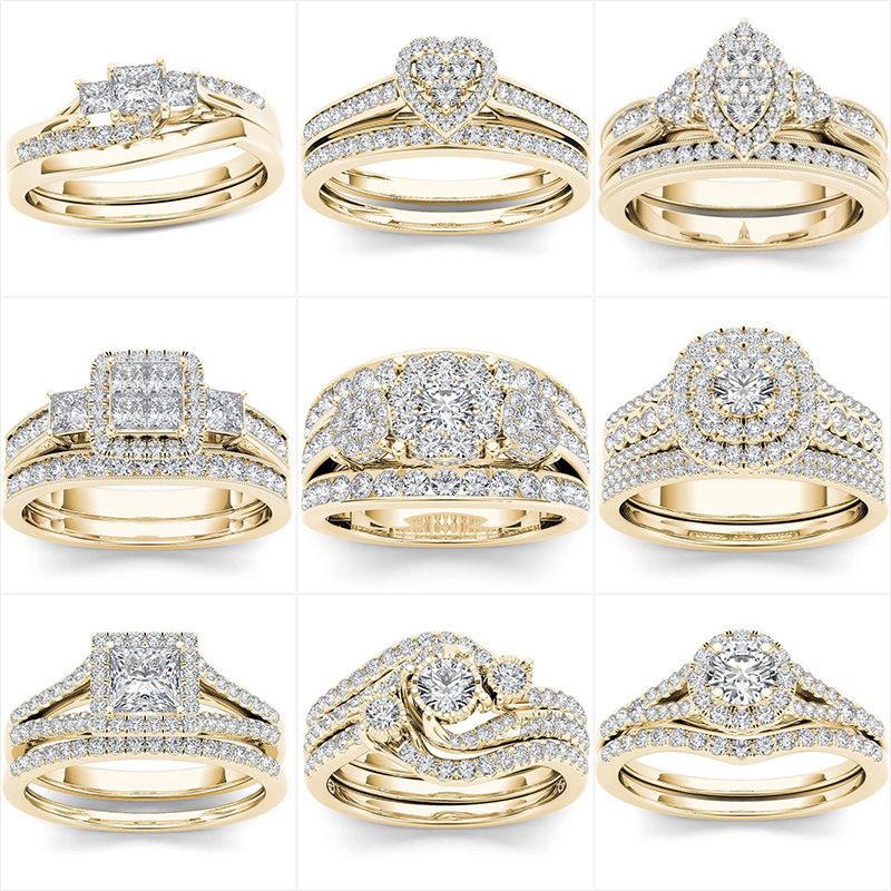 Luxury Wedding Engagement Lover's Ring Set Bling Iced Out Geometric AAA Cubic Zircon Crystal Ring for Couple Women Men