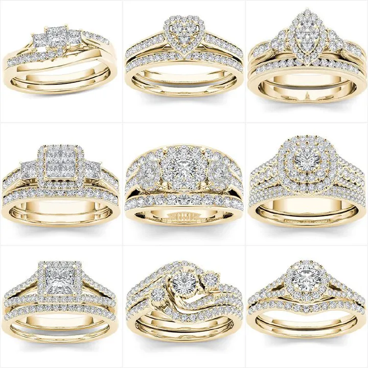 Luxury Wedding Engagement Lover's Ring Set Bling Iced Out Geometric AAA Cubic Zircon Crystal Ring for Couple Women Men