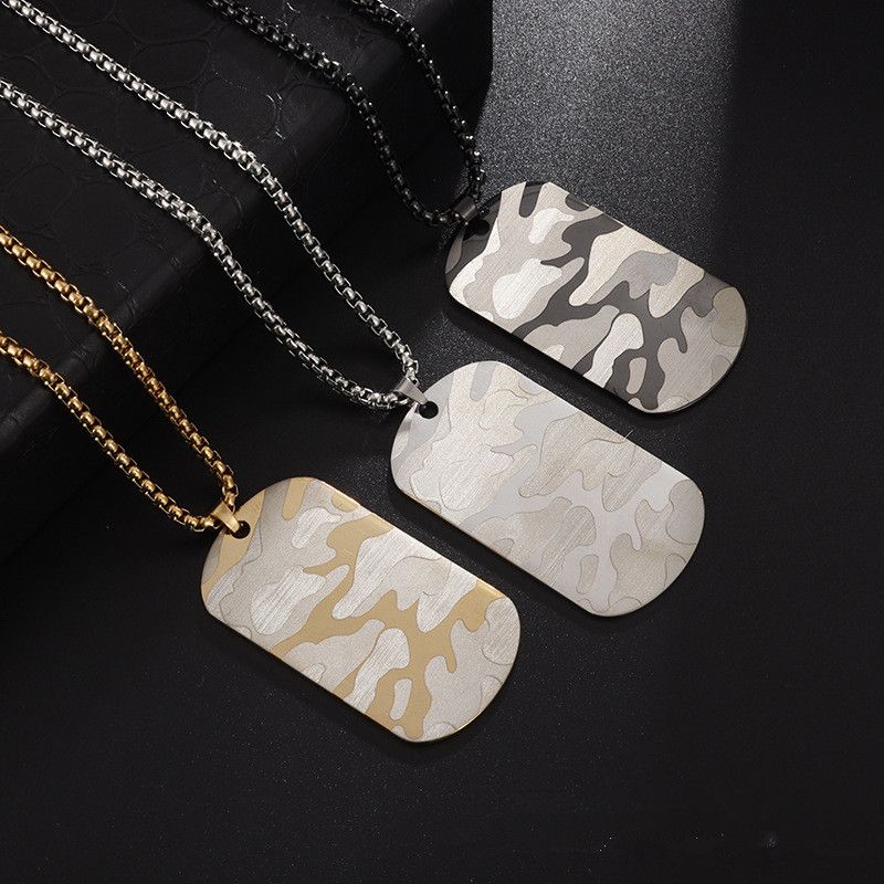 Stainless Steel Camo Square Tags Pendant Necklace Street Style Dog Tags Chain Jewelry for Men and Women Diy Fashion Jewelry
