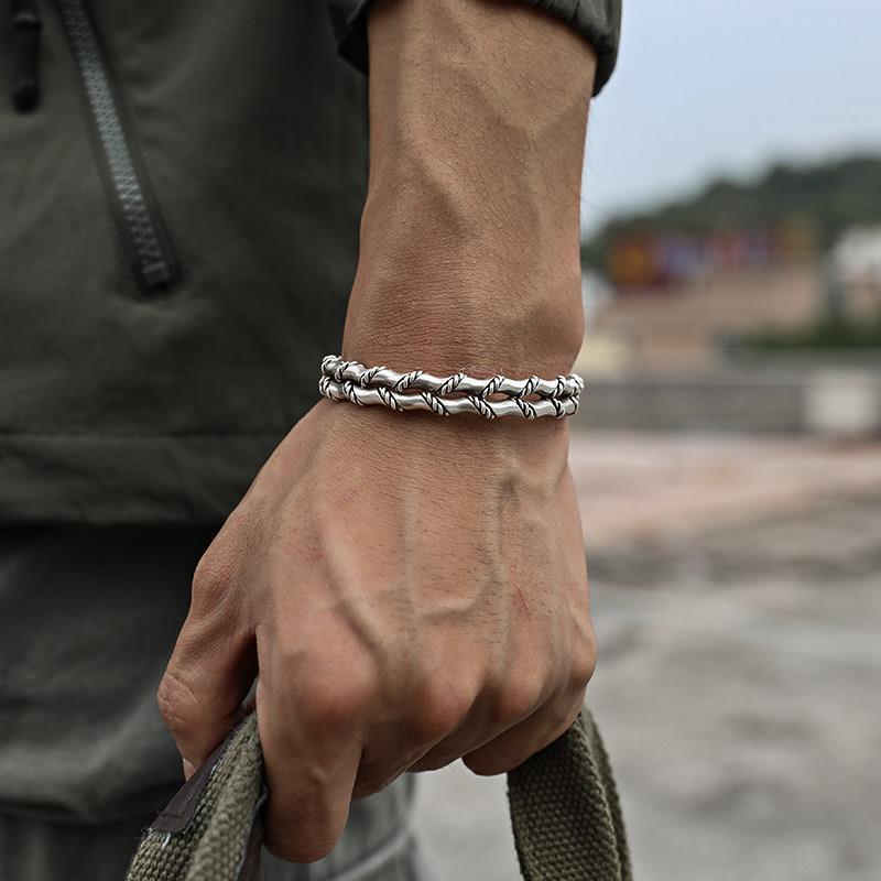 Silver-Plated Twisted Twist Bracelet Fashionable Cuff Bangels for Men Punk Rock Sports Party Trendy Jewelry Gift