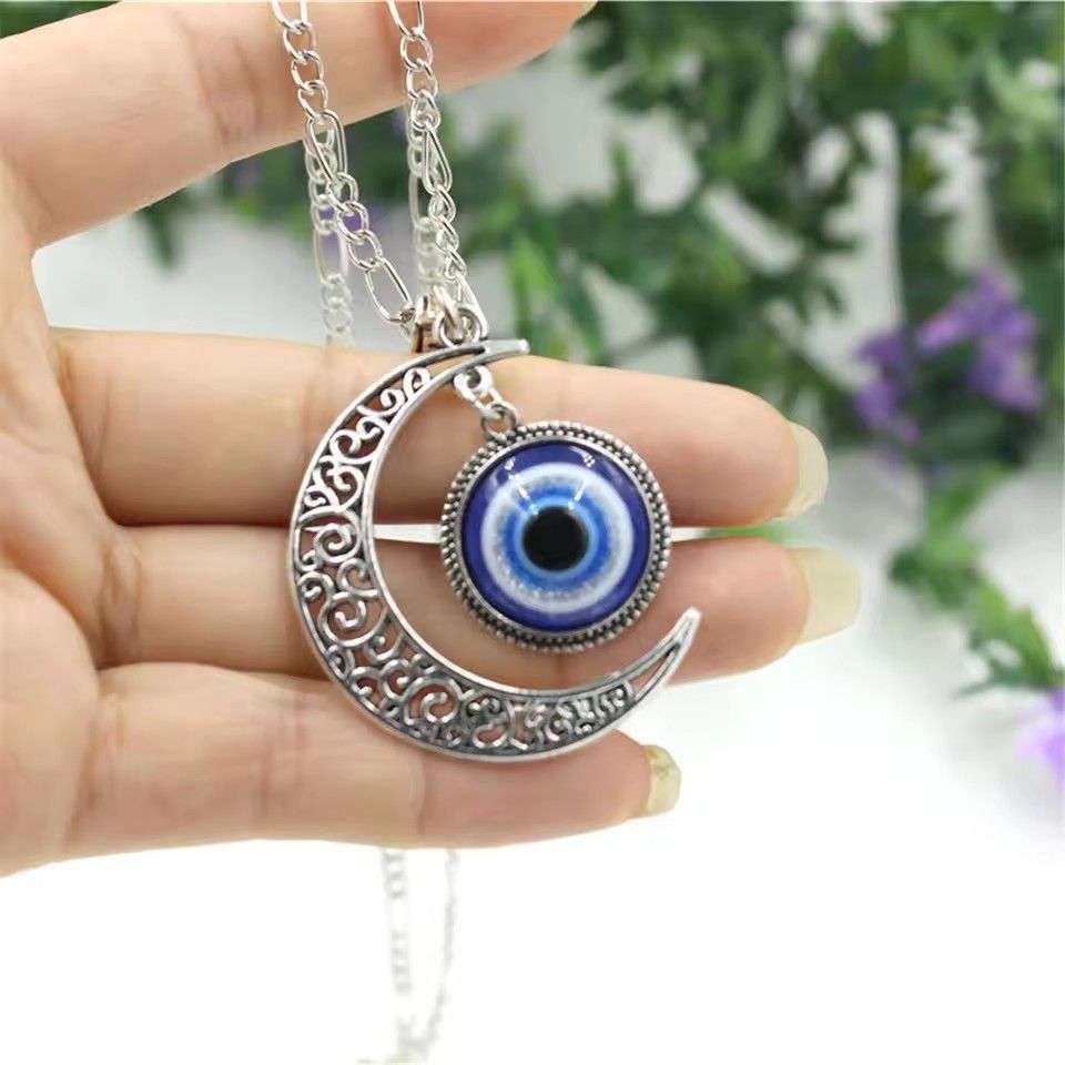Turkish Blue Eyes Pendant Alloy Moon Necklace Evil Eye Silver Jewelry