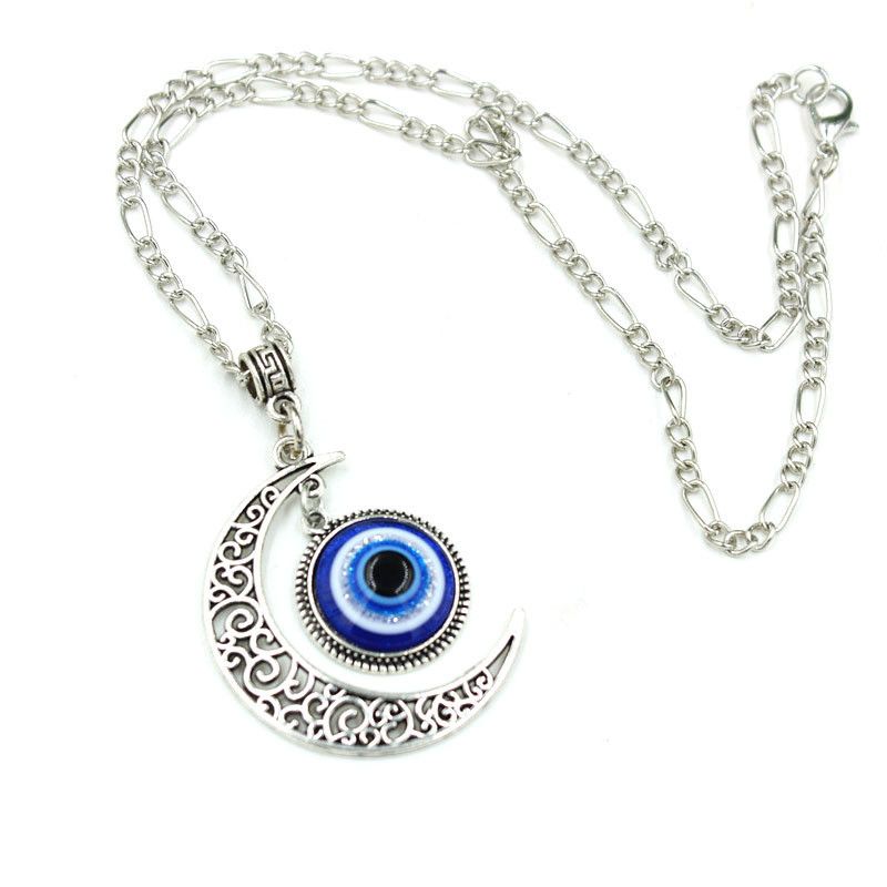 Turkish Blue Eyes Pendant Alloy Moon Necklace Evil Eye Silver Jewelry