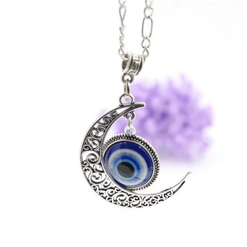 Turkish Blue Eyes Pendant Alloy Moon Necklace Evil Eye Silver Jewelry