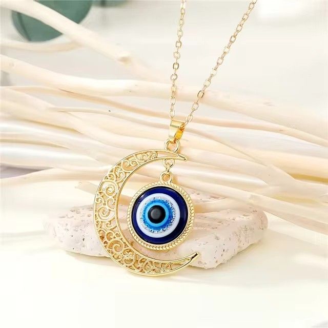 Turkish Blue Eyes Pendant Alloy Moon Necklace Evil Eye Silver Jewelry