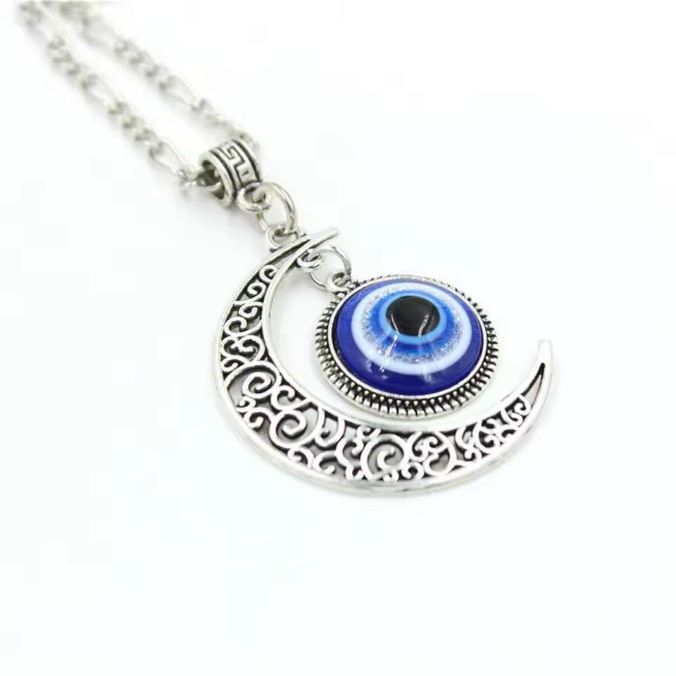 Turkish Blue Eyes Pendant Alloy Moon Necklace Evil Eye Silver Jewelry