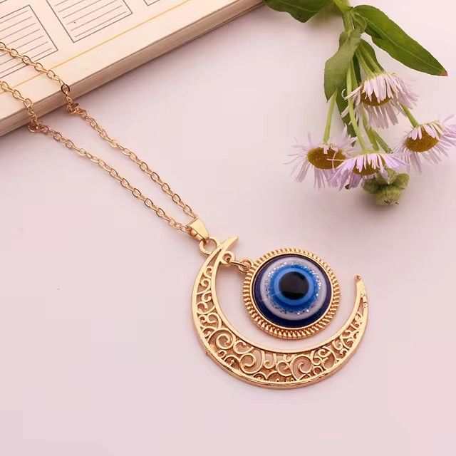 Turkish Blue Eyes Pendant Alloy Moon Necklace Evil Eye Silver Jewelry