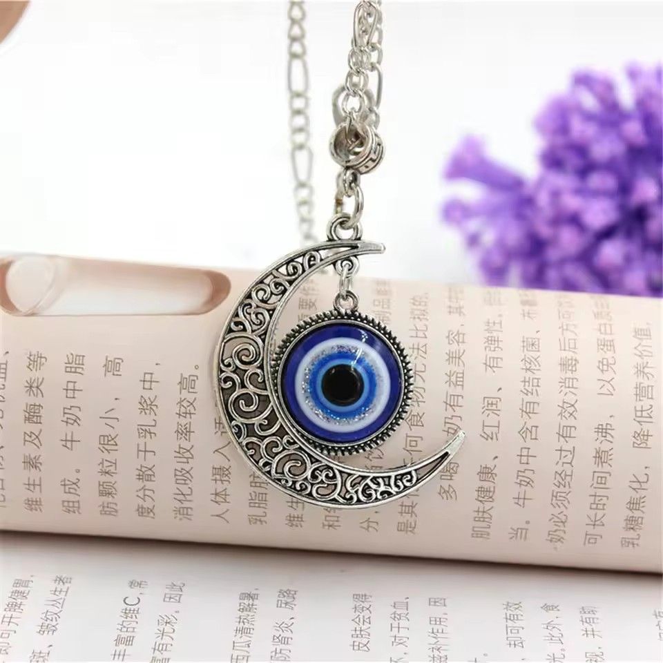 Turkish Blue Eyes Pendant Alloy Moon Necklace Evil Eye Silver Jewelry