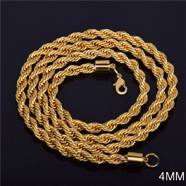 2025 Hot Sale Retail Wholesale Long Gold-Color Man Necklace 4mm ,18,20,22,24,26,28,30 Inch Twist Rope Chain Jewelry Accesory