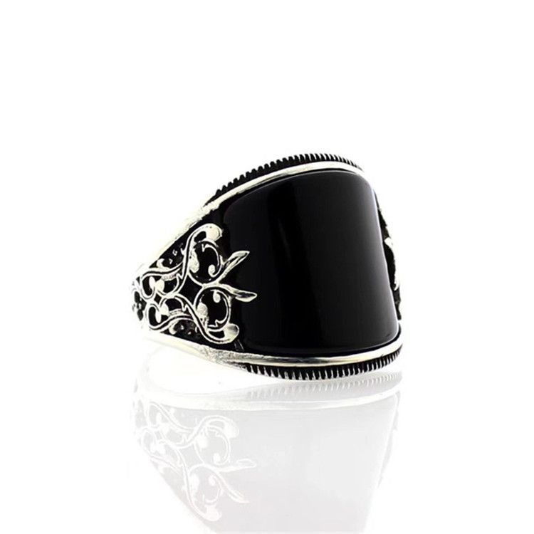 Retro Handmade Islamic Ring for Men Vintage Turkish Double Sword Black Stone Ring Punk Trendy Religious Muslim Jewelry Wholesale