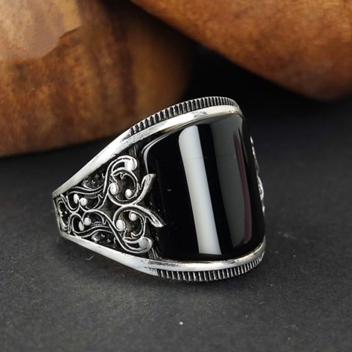 Retro Handmade Islamic Ring for Men Vintage Turkish Double Sword Black Stone Ring Punk Trendy Religious Muslim Jewelry Wholesale