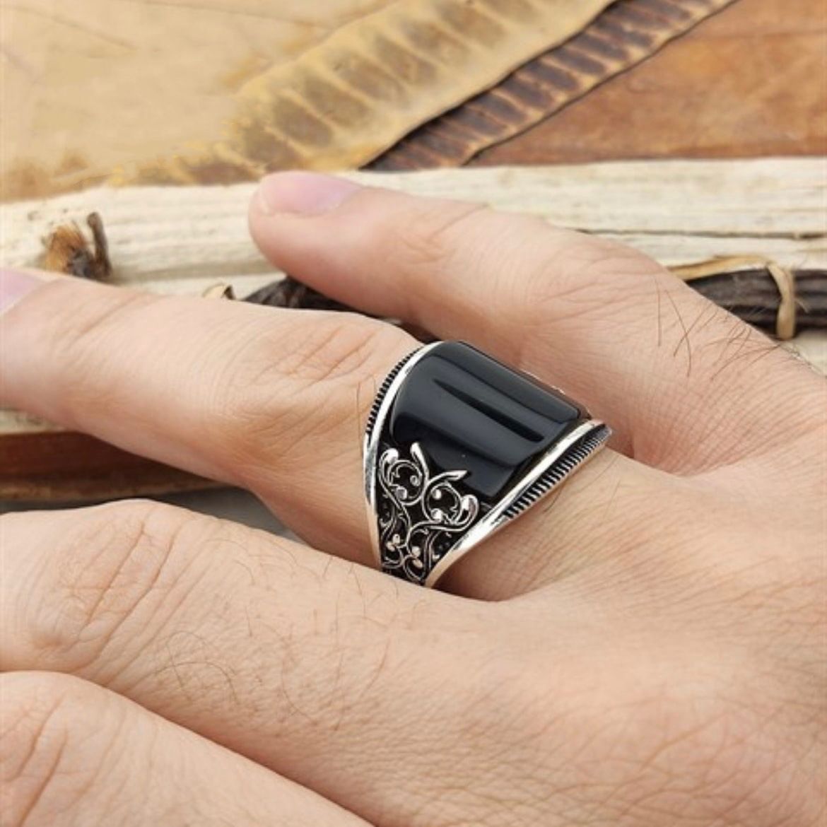 Retro Handmade Islamic Ring for Men Vintage Turkish Double Sword Black Stone Ring Punk Trendy Religious Muslim Jewelry Wholesale