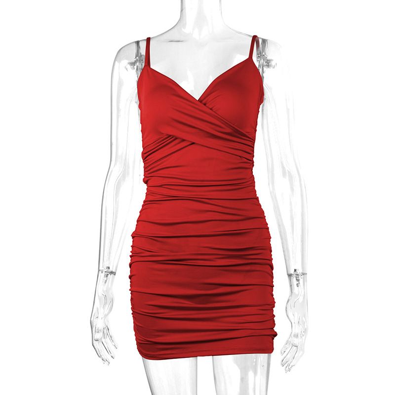 Sexy Wrinkled Pleated V Neck Sling Dress Short Club Ladies Summer Bodycon Dress Evening Party Tight Mini Dress