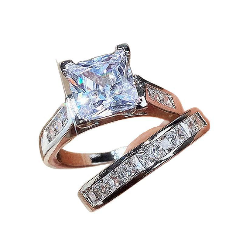 Fashion Wedding Ring Set for Women Dazzling Square Zirconia Luxury Lady Accessories Set Trendy Delicate Bridal Jewelry