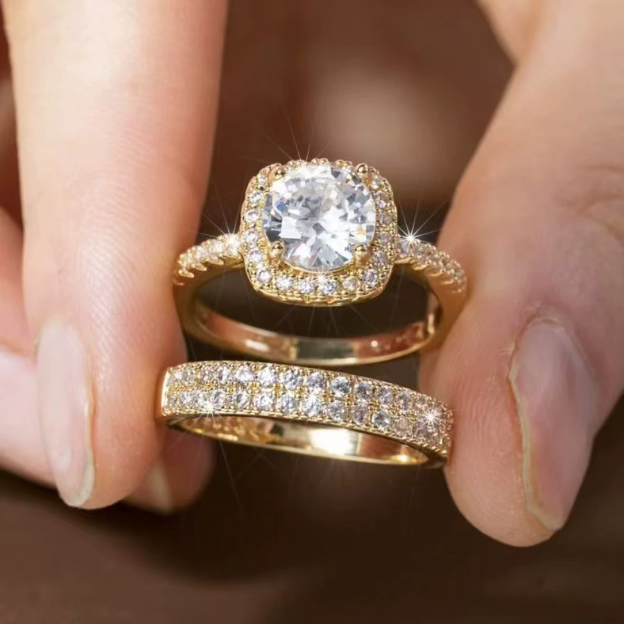 2pcs Square White Zircon Ring Sets For Women Gold Silver Color Promise Engagement Wedding Bands Bridal Jewelry New Year Gifts