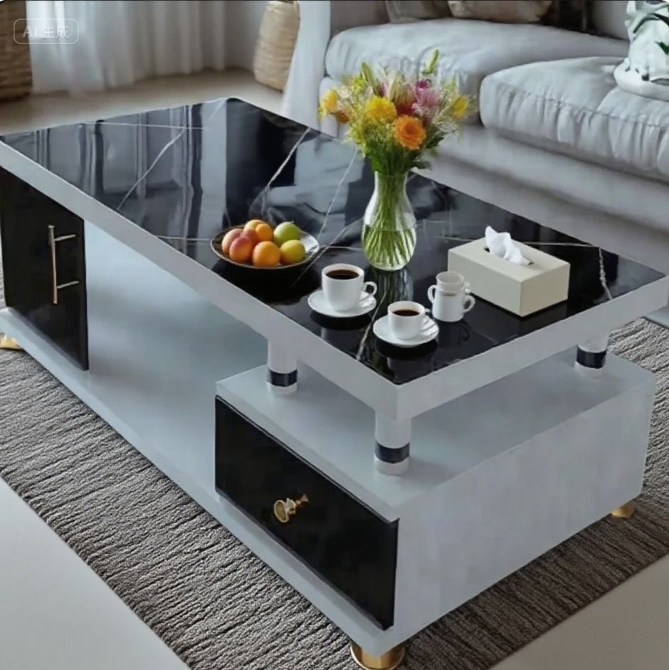 HAVENTECH Coffee Table Marble Top 4FTS Black and White with drawers for Living Room
