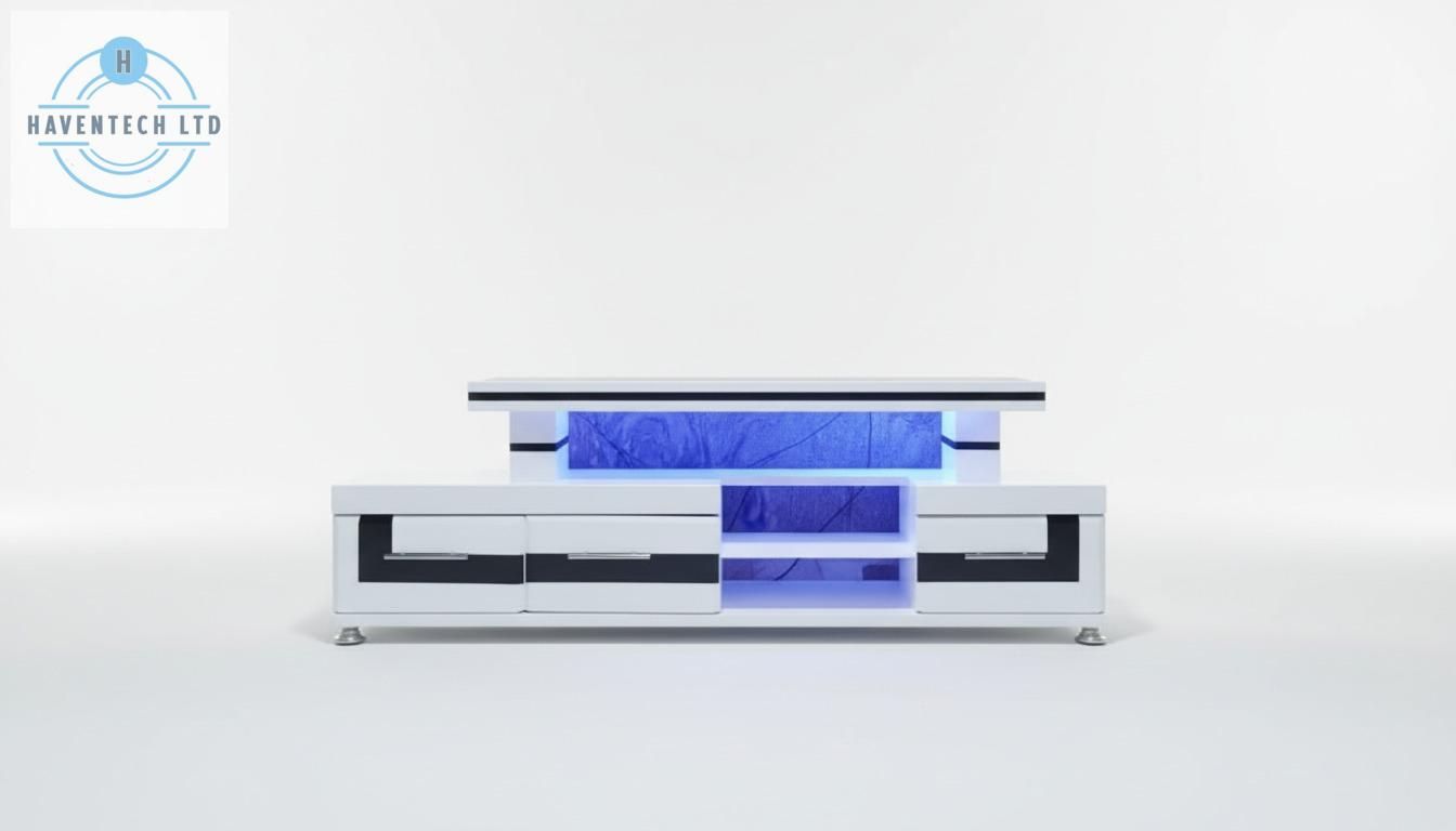 HAVENTECH TV Stand 5FTS Wooden   Led Lights Black and White  with cabinets for storage