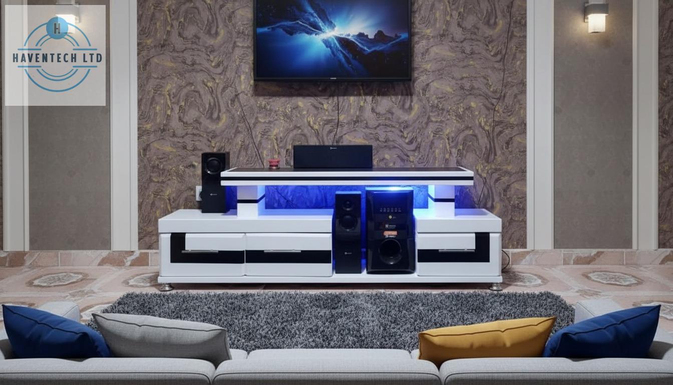 HAVENTECH TV Stand 5FTS Wooden   Led Lights Black and White  with cabinets for storage