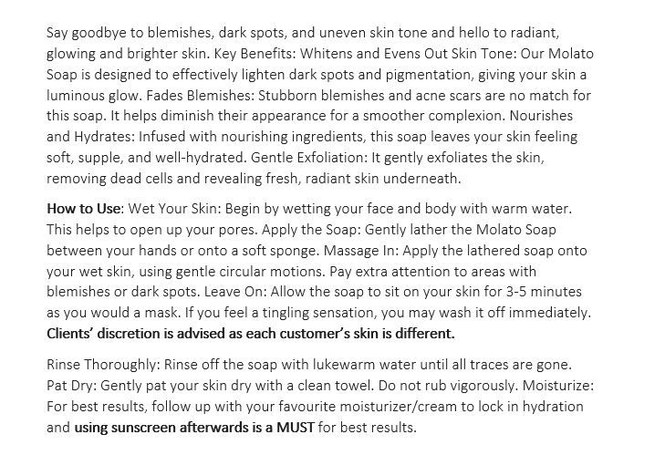 Molato Lightening Brightening Firming Anti-Acne Skin Glowing Soap dark spots Anti ageing Mulato exfoliating soap