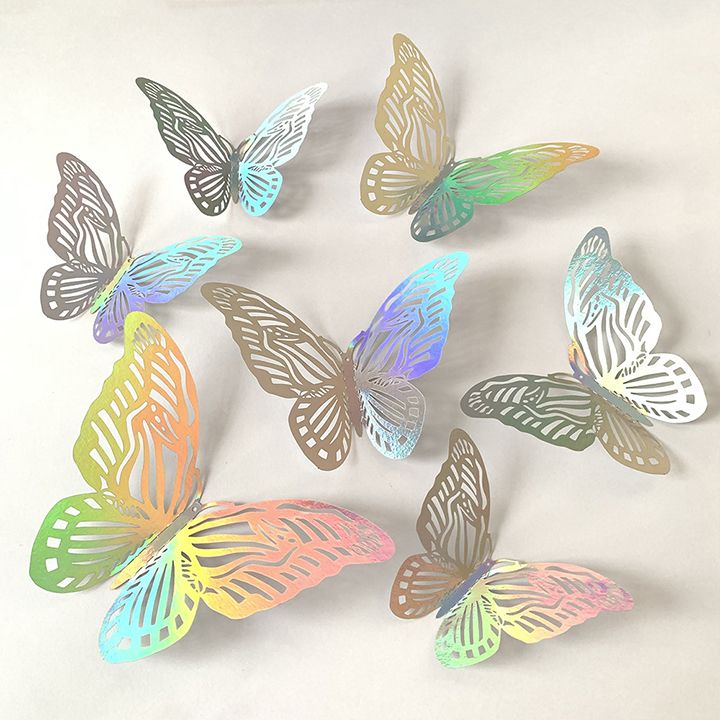 24Pcs Rainbow Silver 3D Butterfly Decorations Butterflies Wall Stickers for Home Party Crafts Bouquet Cake Flower Decor