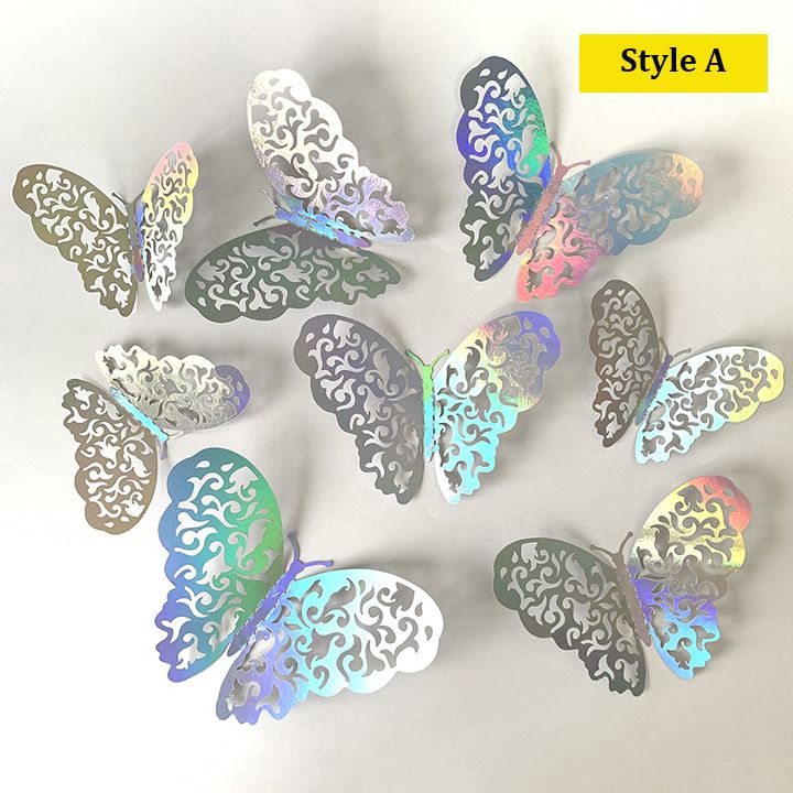 24Pcs Rainbow Silver 3D Butterfly Decorations Butterflies Wall Stickers for Home Party Crafts Bouquet Cake Flower Decor