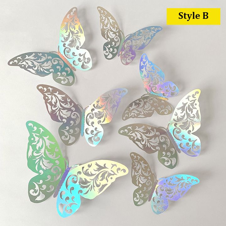 24Pcs Rainbow Silver 3D Butterfly Decorations Butterflies Wall Stickers for Home Party Crafts Bouquet Cake Flower Decor