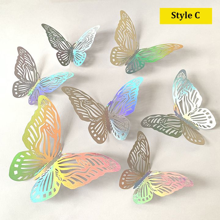24Pcs Rainbow Silver 3D Butterfly Decorations Butterflies Wall Stickers for Home Party Crafts Bouquet Cake Flower Decor
