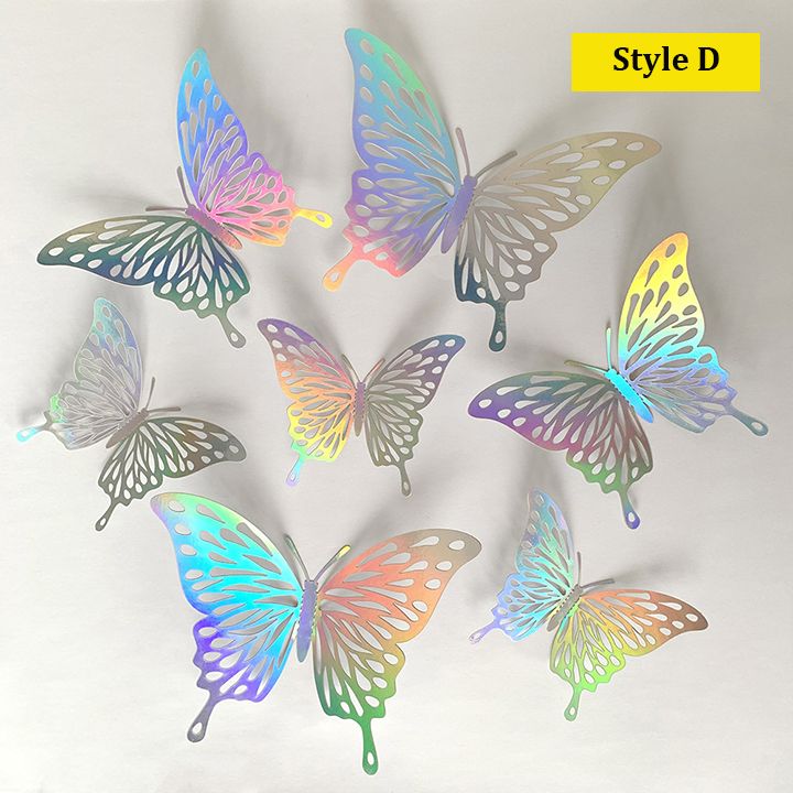 24Pcs Rainbow Silver 3D Butterfly Decorations Butterflies Wall Stickers for Home Party Crafts Bouquet Cake Flower Decor