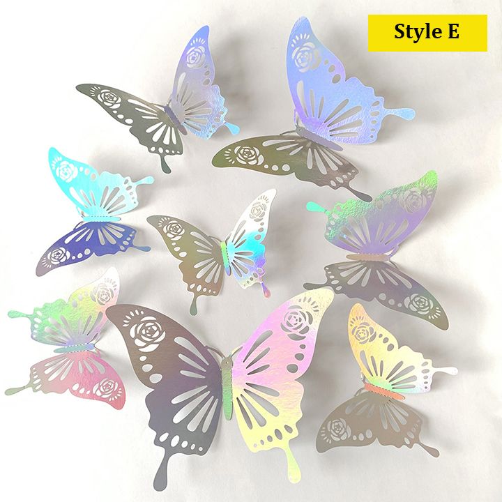 24Pcs Rainbow Silver 3D Butterfly Decorations Butterflies Wall Stickers for Home Party Crafts Bouquet Cake Flower Decor