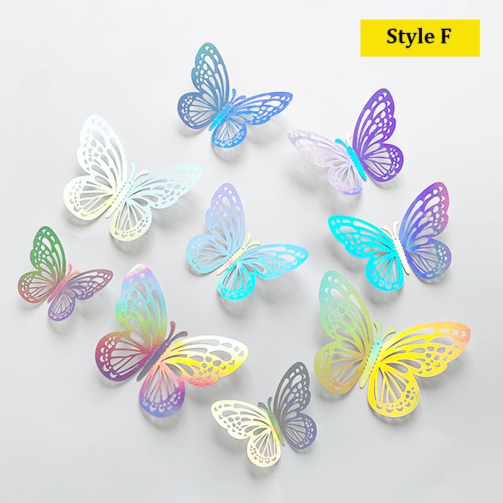 24Pcs Rainbow Silver 3D Butterfly Decorations Butterflies Wall Stickers for Home Party Crafts Bouquet Cake Flower Decor