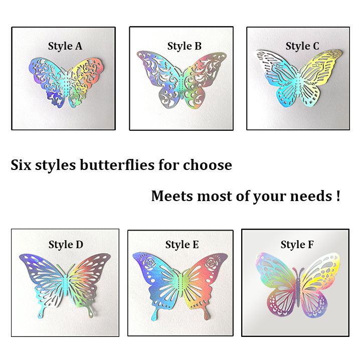 24Pcs Rainbow Silver 3D Butterfly Decorations Butterflies Wall Stickers for Home Party Crafts Bouquet Cake Flower Decor
